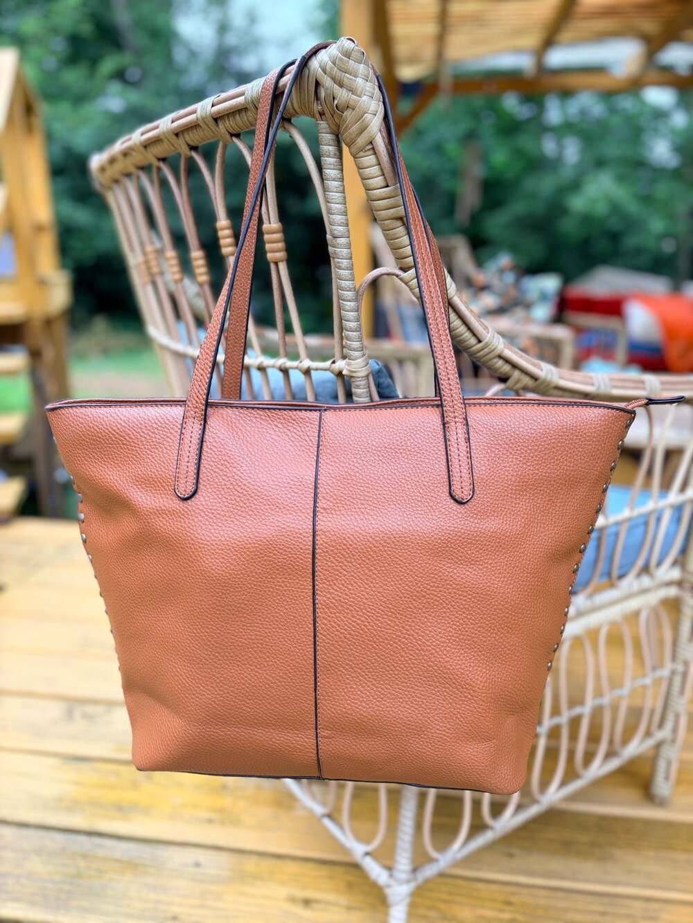 G.H. Bass & Co. Tan Pebbled Faux Leather Tote Bag with Side Stud Detail
